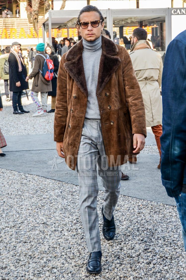 Men's coordinate and outfit with plain brown leather jacket (except rider's), plain gray turtleneck knit, gray checked slacks, and black coin loafer leather shoes.