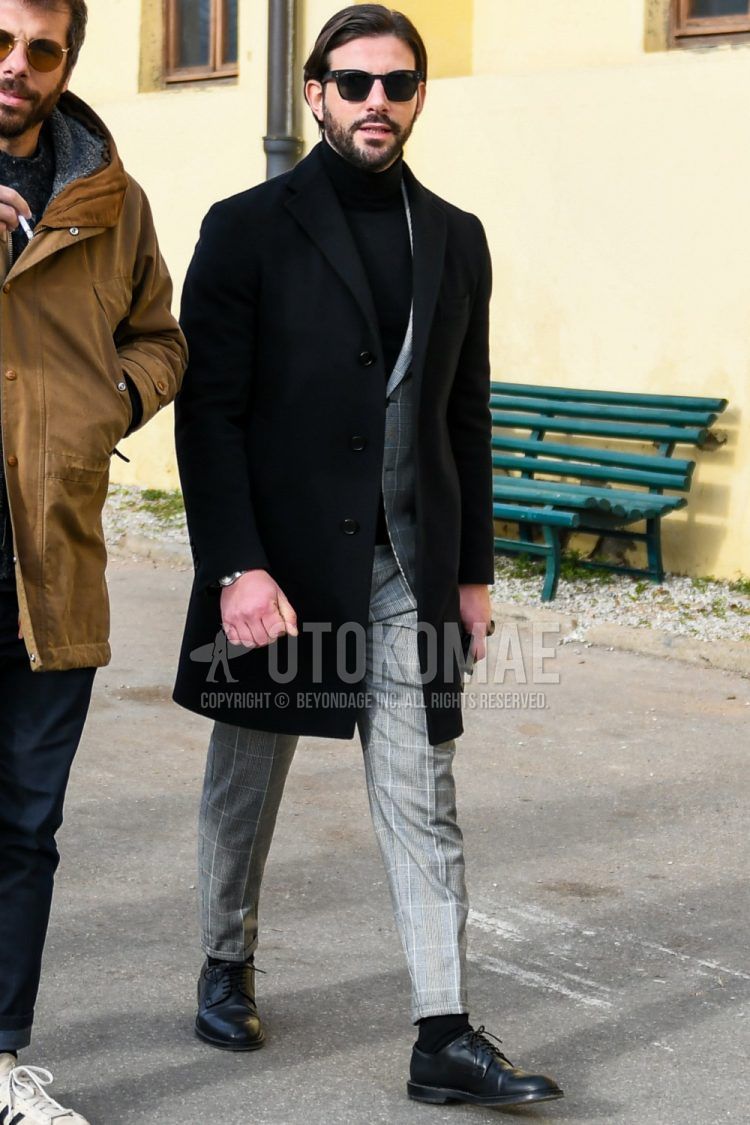 Men's coordinate and outfit with plain sunglasses, plain black chester coat, plain turtleneck knit, plain black socks, black plain toe leather shoes, and gray checked suit.