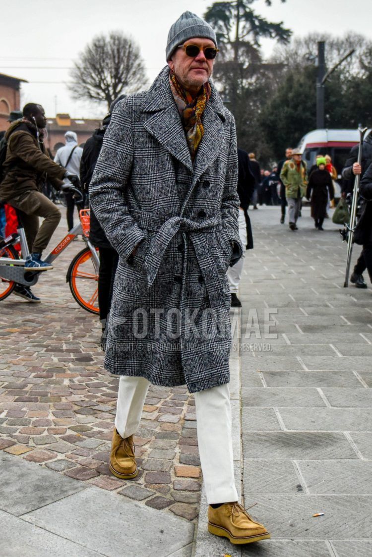 Men's coordinate and outfit with plain gray knit cap, multi-colored plain scarf/stall, gray checked belted coat, plain white ankle pants, plain white cotton pants, and beige suede shoes leather shoes.