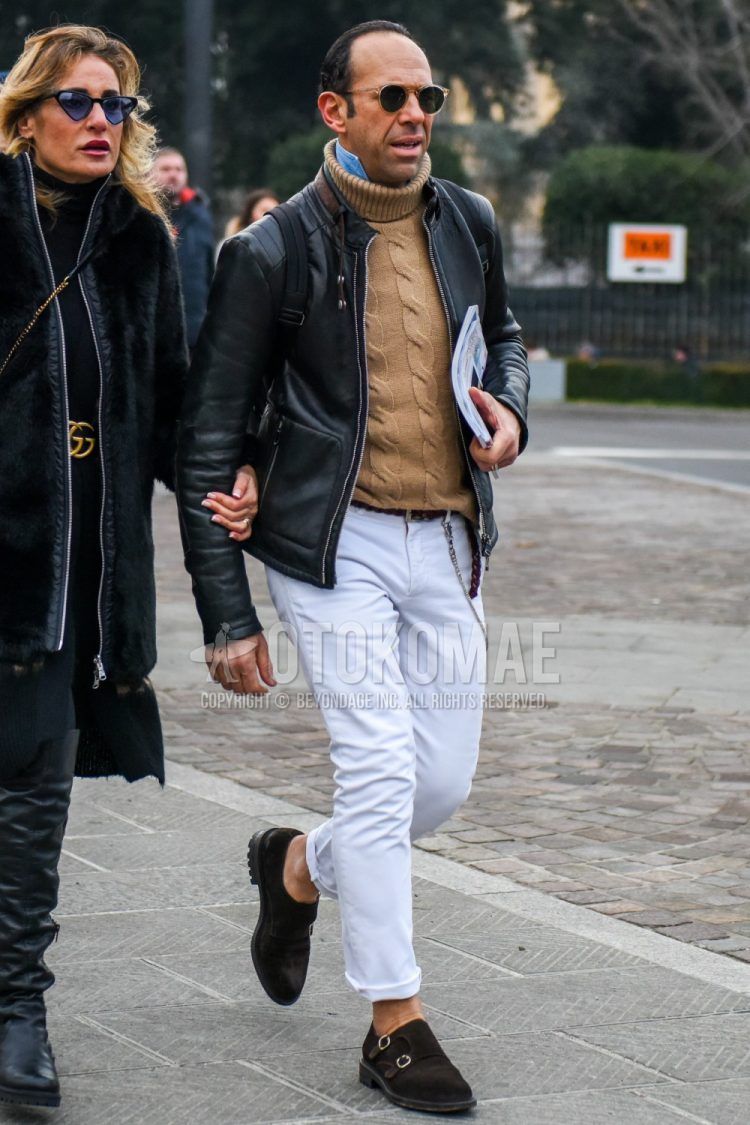 Men's coordinate and outfit with solid color sunglasses, solid color black rider's jacket, solid color brown turtleneck knit, solid color brown mesh belt, solid color white cotton pants, and brown monk shoes leather shoes.