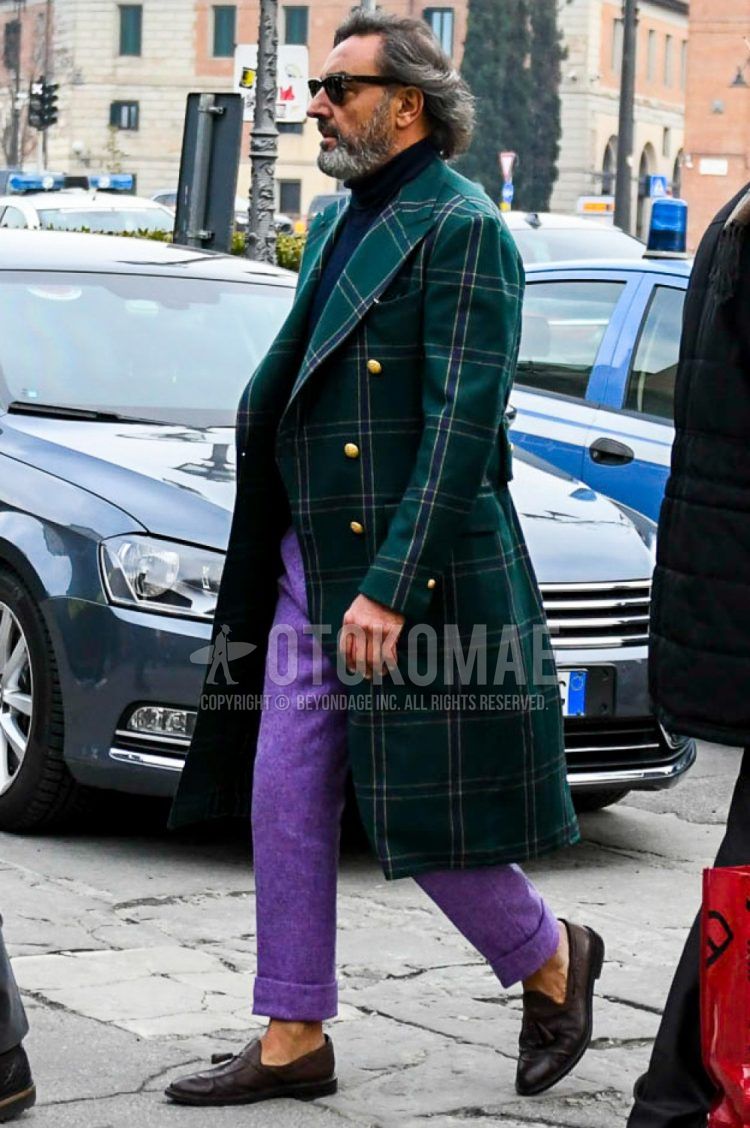 Men's coordinate and outfit with plain sunglasses, green check chester coat, plain navy turtleneck knit, plain purple slacks, and brown tassel loafer leather shoes.