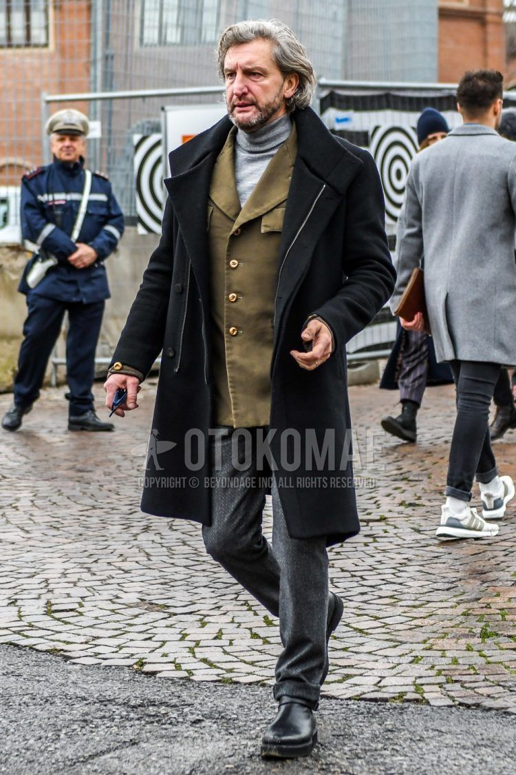 Men's coordinate and outfit with solid black outerwear, solid olive green outerwear, solid gray turtleneck knit, solid wool gray bottoms, and black boots.
