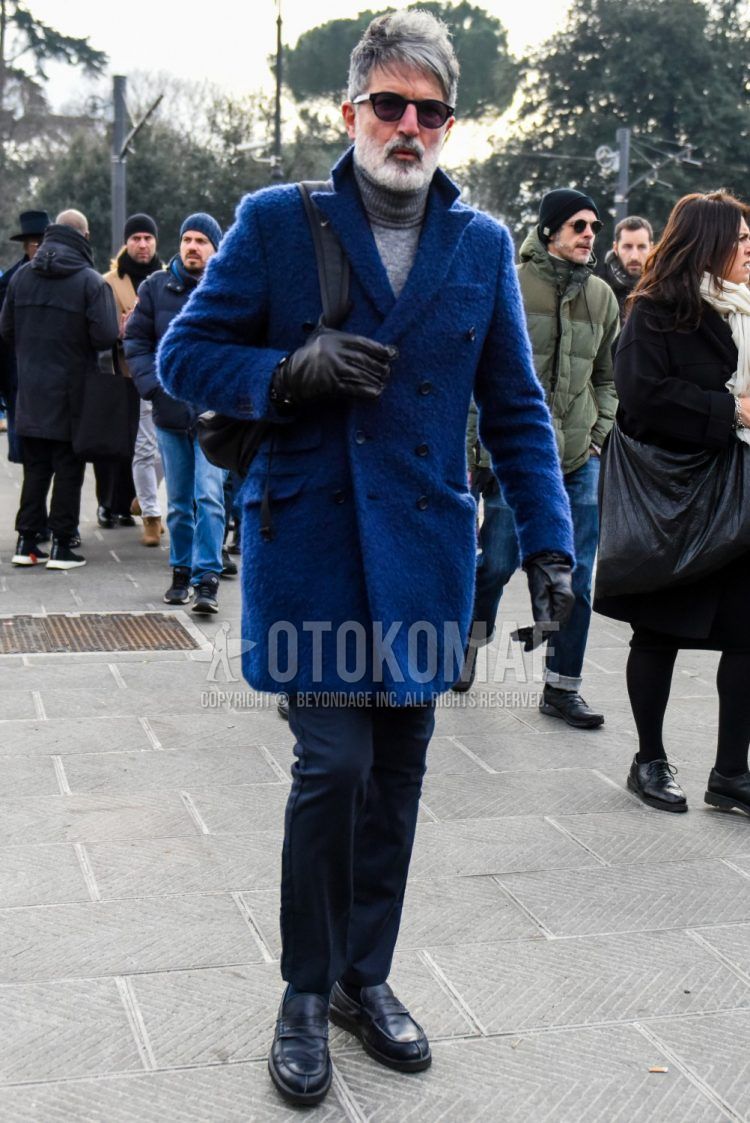 Men's coordinate and outfit with solid color sunglasses, solid color blue tailored jacket, solid color gray turtleneck knit, solid color navy cotton pants, and black coin loafer leather shoes.
