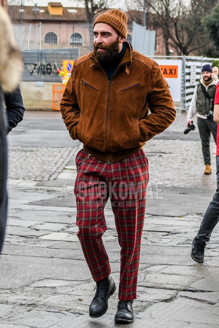 Men's coordinate and outfit with plain brown knit cap, plain brown leather jacket (other than rider's), plain black turtleneck knit, red checked slacks, and black straight tip leather shoes.