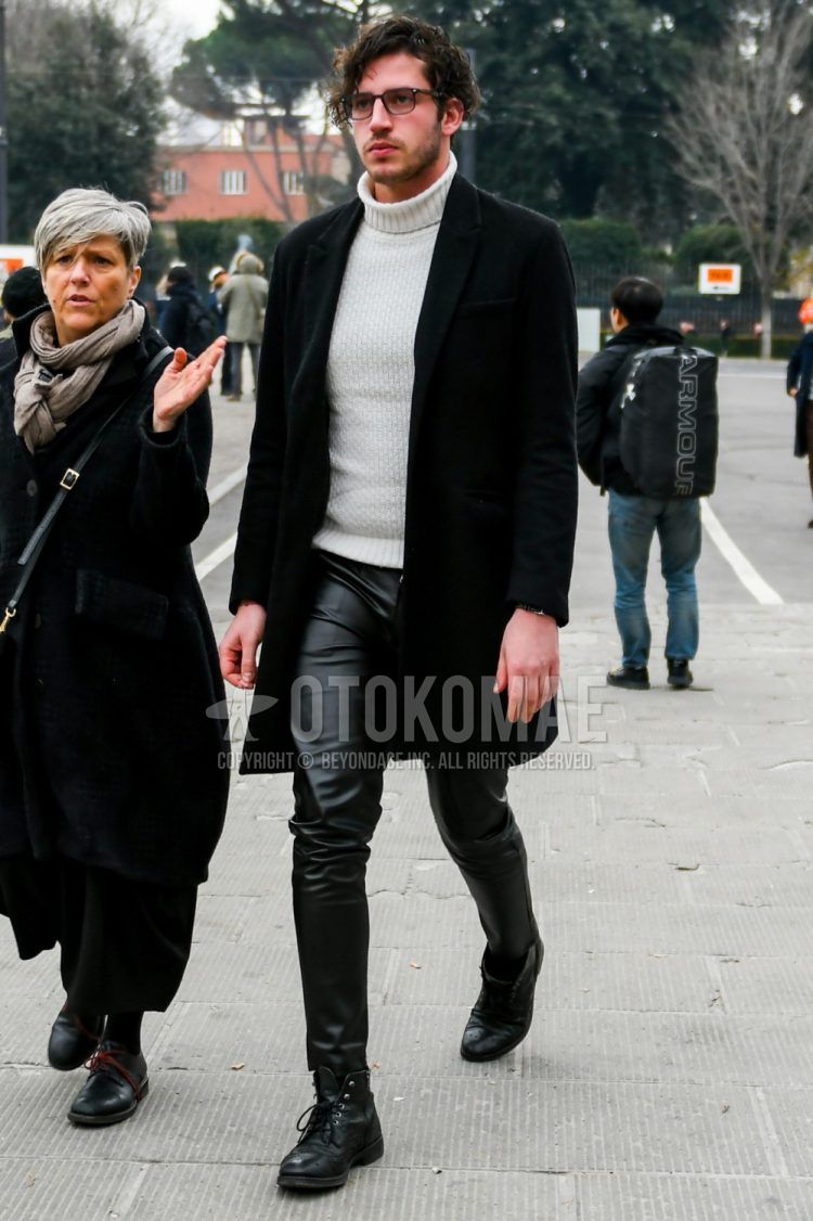 Men's coordinate and outfit with plain black glasses, plain black chester coat, plain white turtleneck knit, plain black bottoms, and black boots.