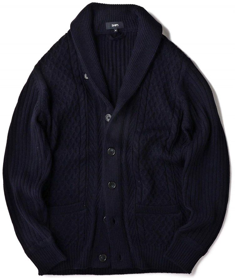 Can be used as outerwear or innerwear for coats! SHIPS WOOLMARK Middle Gauge Random Aran Shawl Collar