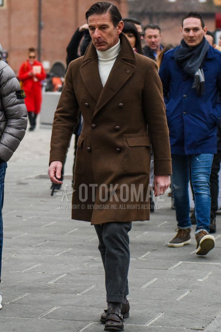 Men's coordinate and outfit with plain brown Ulster coat, plain white turtleneck knit, plain gray slacks, gray socks socks, and brown monk's leather shoes.