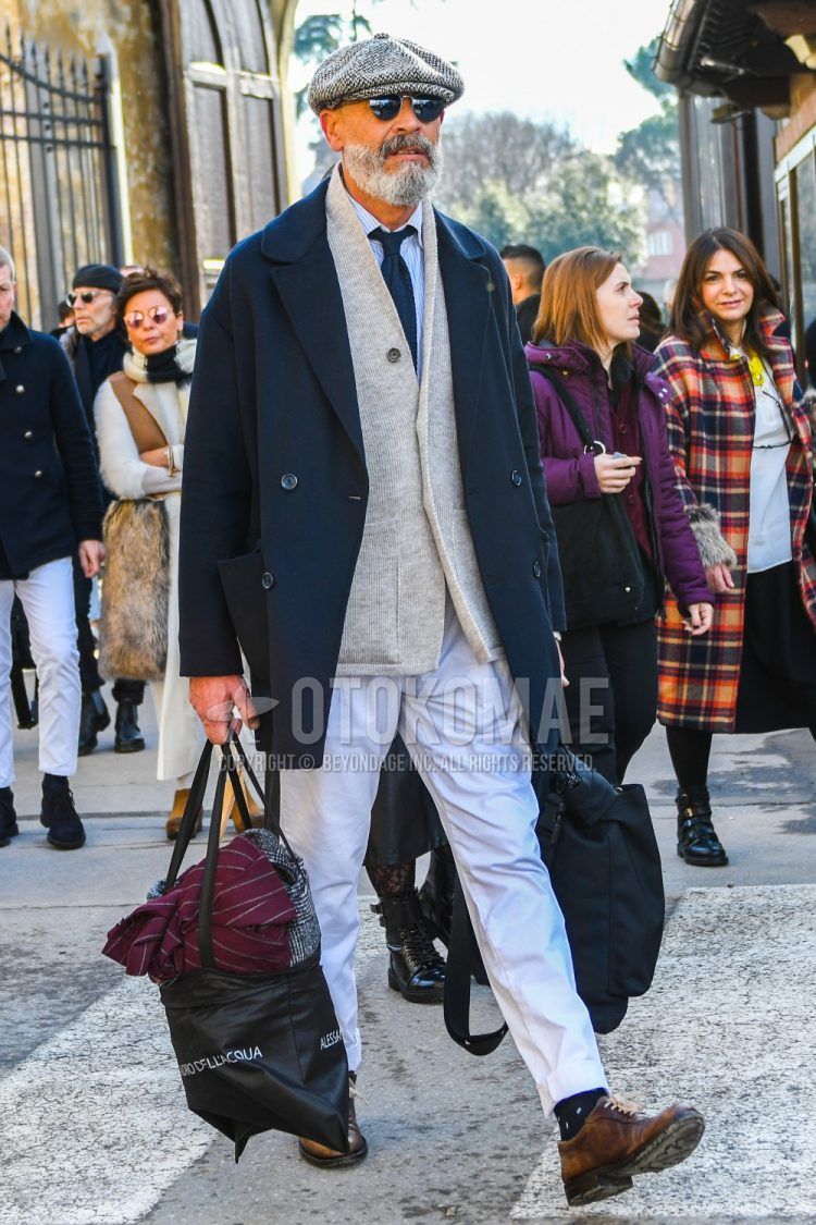 Men's coordinate and outfit with plain gray cap, plain navy chester coat, plain gray cardigan, white striped shirt, plain white cotton pants, navy dotted socks, brown plain toe leather shoes, and plain navy tie.