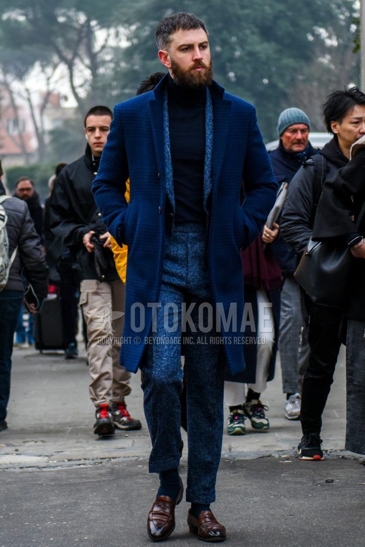 Men's coordinate and outfit with navy check chester coat, plain navy turtleneck knit, plain navy socks, brown coin loafer leather shoes, and plain gray suit.