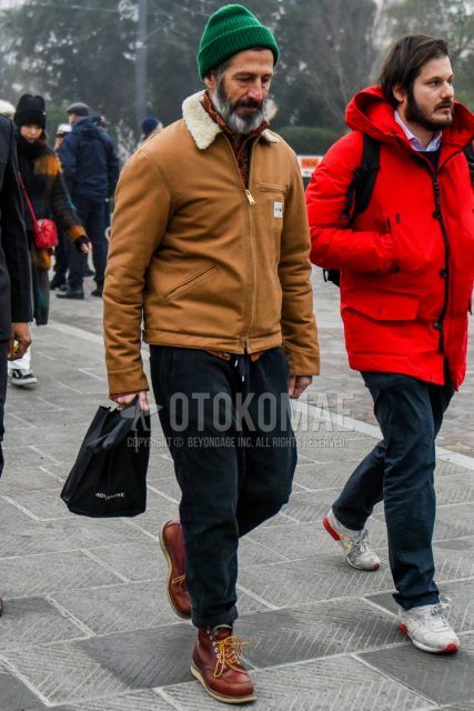 Men's coordinate and outfit with plain green knit cap, plain beige leather jacket (except riders), plain brown shirt jacket, plain black cotton pants, and brown work boots.