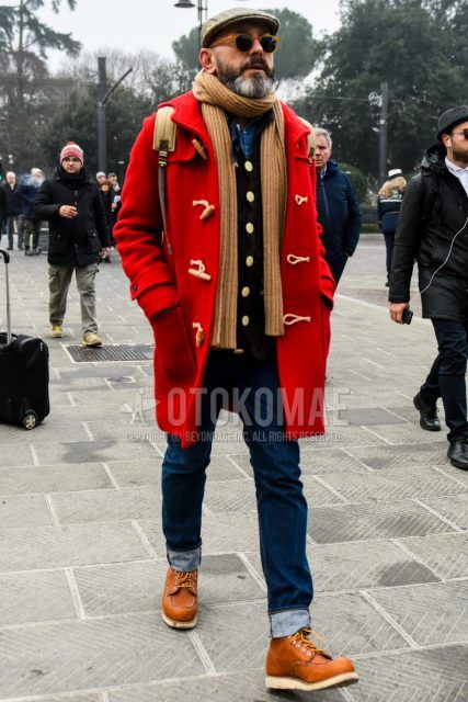 Men's coordinate and outfit with plain brown cap, plain sunglasses, plain brown scarf/stall, plain red duffle coat, plain brown cardigan, plain blue denim/jeans, and brown work boots.