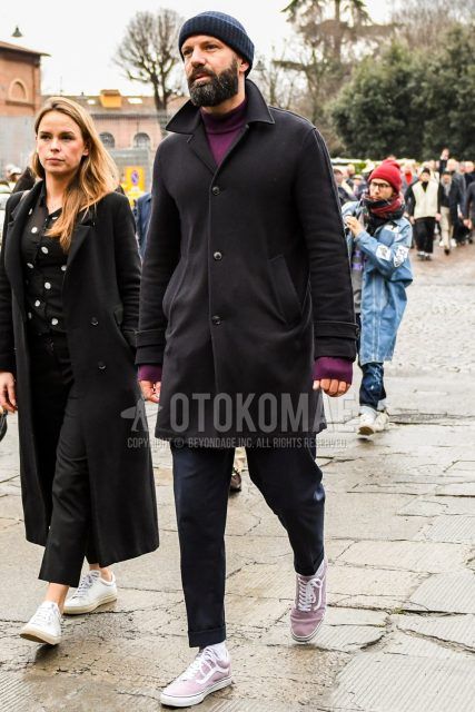 Winter men's coordinate and outfit with solid navy knit cap, solid black stainless steel collar coat, solid purple turtleneck knit, solid gray slacks, solid white socks, and Vans Old Skool purple low-cut sneakers.