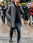 Men's coordinate and outfit with solid color sunglasses, solid color gray chester coat, solid color navy hoodie, solid color blue denim/jeans, and black side gore boots.