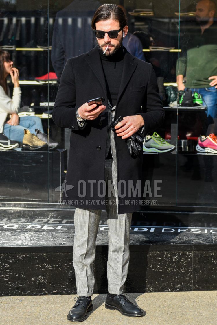 Men's coordinate and outfit with plain sunglasses, plain black chester coat, plain black turtleneck knit, black plain toe leather shoes, and gray checked suit.