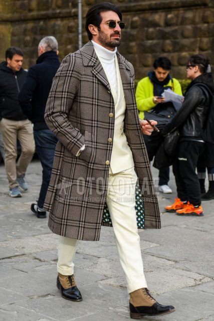 Winter men's coordinate and outfit with plain gold sunglasses, brown checked stainless steel coat, plain white turtleneck knit, beige/black boots, and plain white suit.