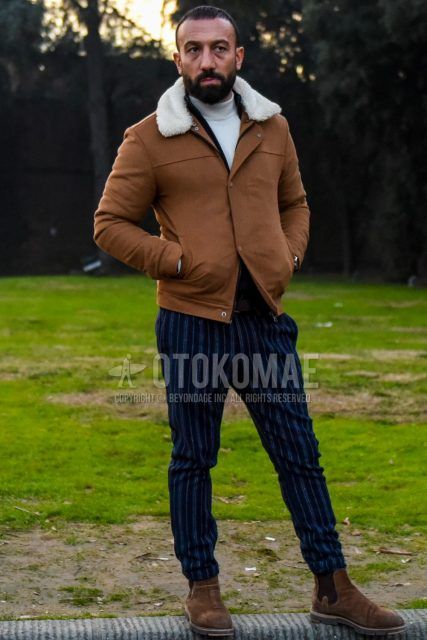 Men's coordinate and outfit with plain white leather jacket (except rider's), plain white turtleneck knit, wool navy plain bottoms, and brown side gore boots.