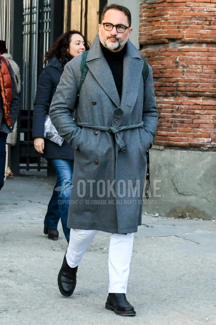 Men's coordinate and outfit with plain black glasses, plain gray belted coat, plain black turtleneck knit, plain white cotton pants, and black side gore boots.