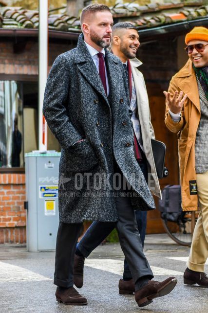 Winter men's coordinate and outfit with plain gray Ulster coat, plain white shirt, plain gray slacks, gray socks socks, suede brown coin loafer leather shoes, and plain red tie.