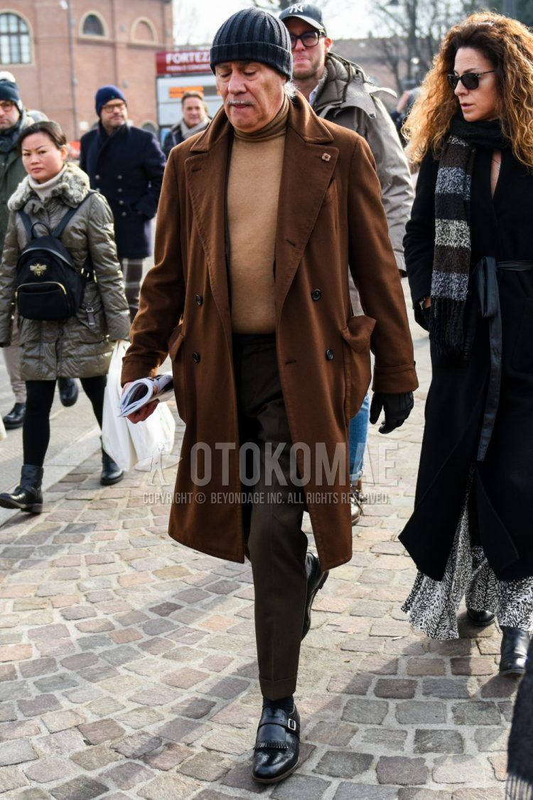 Winter men's coordinate and outfit with dark gray solid color knit cap, Lardini brown solid color chester coat, beige solid color turtleneck knit, brown solid color slacks, black solid color socks, black monk shoes leather shoes.