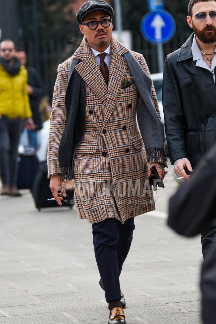 Solid gray hunting cap, solid black Boston sunglasses, solid gray scarf/stall, multi-colored outer chester coat, solid white shirt, solid navy slacks, solid brown socks, black/beige tassel loafer leather shoes, solid brown tie Winter/autumn men's coordinate/outfit with the following.