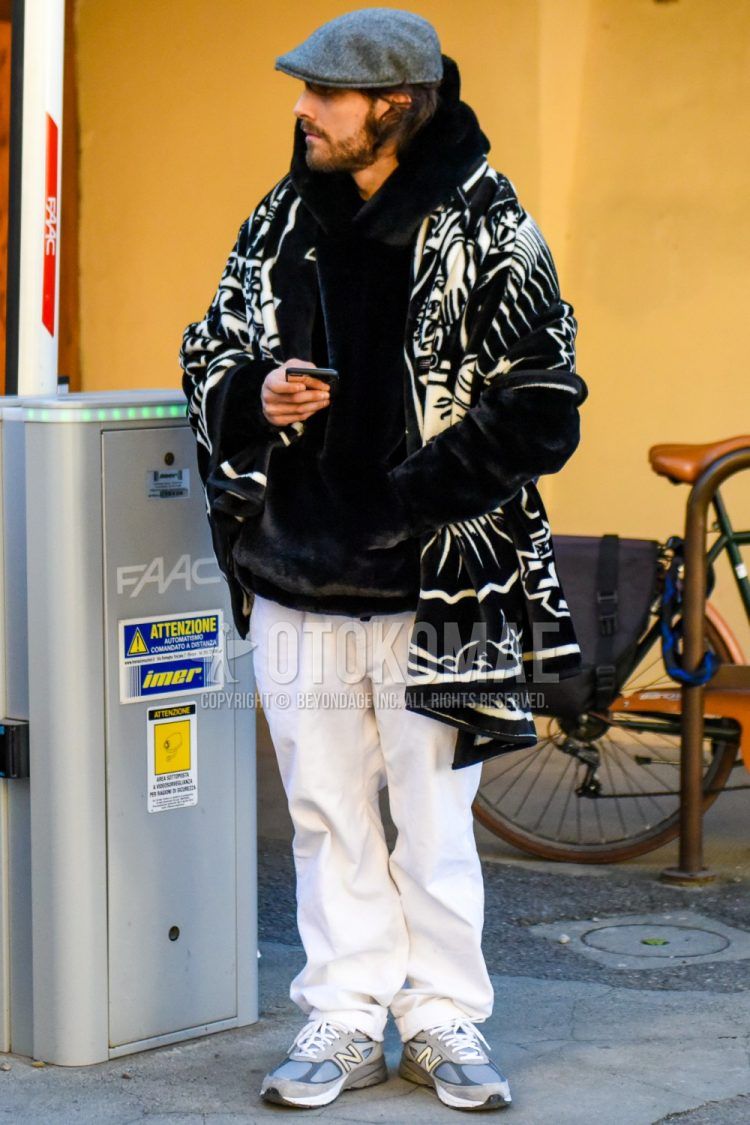 Men's coordinate and outfit with plain gray cap, black/white graphic scarf/stall, plain black hoodie, plain white cotton pants, and New Balance gray low-cut sneakers.
