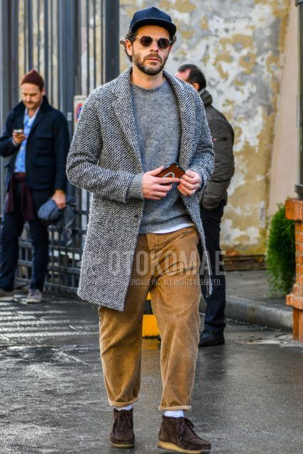 Men's coordinate and outfit with plain black baseball cap, plain sunglasses, gray outer chester coat, plain gray sweater, plain beige winter pants (corduroy,velour), plain white socks, and brown wallaby boots.
