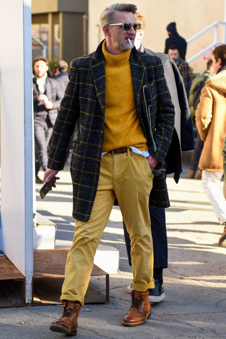 Pierluigi Boglioli, who picked up the pattern of the coat to create a stylish color-coordinated look.