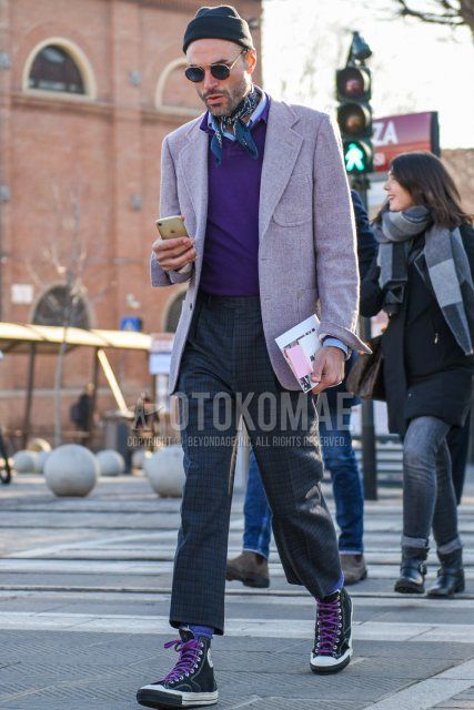Solid black knit cap, solid gold sunglasses, gray stole bandana/neckerchief, solid purple tailored jacket, solid purple polo shirt, solid light blue shirt, gray checked slacks, gray checked cropped pants, solid gray socks, Converse All Star black high-cut sneakers for men in spring and fall.