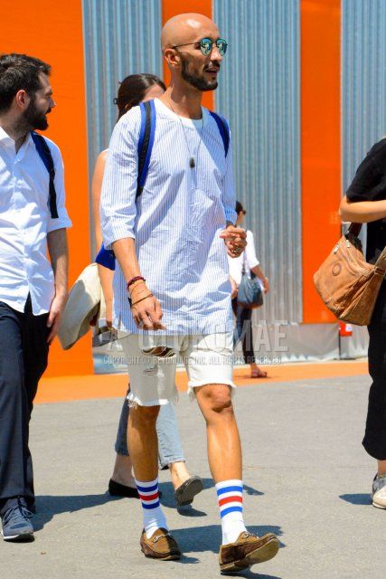 Men's coordinate and outfit with plain sunglasses, white striped long T, plain white shorts, white striped socks, brown bit loafers leather shoes, brown suede shoes leather shoes.
