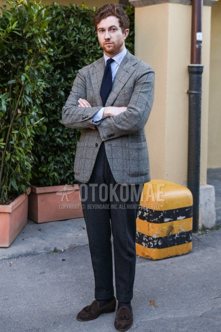 Men's spring and fall outfit with gray checked tailored jacket, light blue striped shirt, solid gray slacks, solid gray ankle pants, dark gray solid socks, suede brown tassel loafer leather shoes, and solid navy tie.