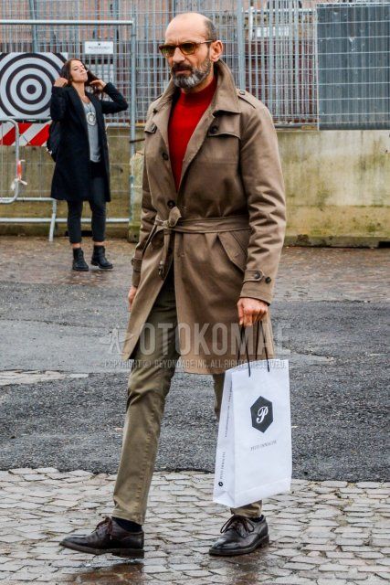 Men's winter coordinate and outfit with plain brown sunglasses, plain brown trench coat, plain red turtleneck knit, plain beige chinos, plain black socks, and brown plain toe leather shoes.