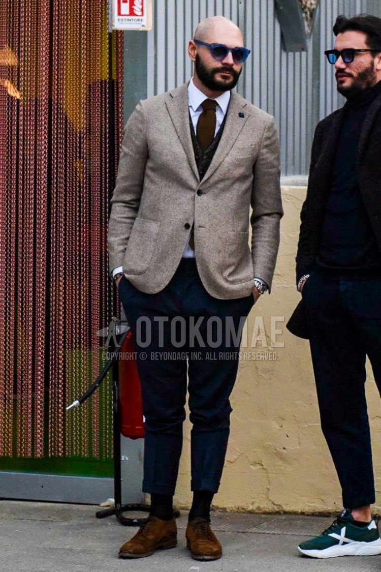 Boston plain blue sunglasses, Lardini plain beige tailored jacket, plain white shirt, plain gray gilet, plain navy slacks, plain navy cropped pants, plain navy socks, suede brown plain toe leather shoes, plain brown tie Men's coordinate and outfit with the following.