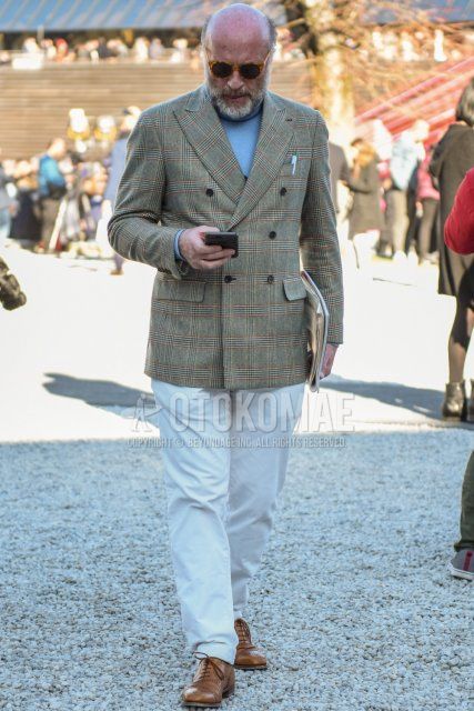 Men's spring and fall outfit with beige tortoiseshell sunglasses, gray checked tailored jacket, plain gray turtleneck knit, plain white cotton pants, and beige wingtip leather shoes.