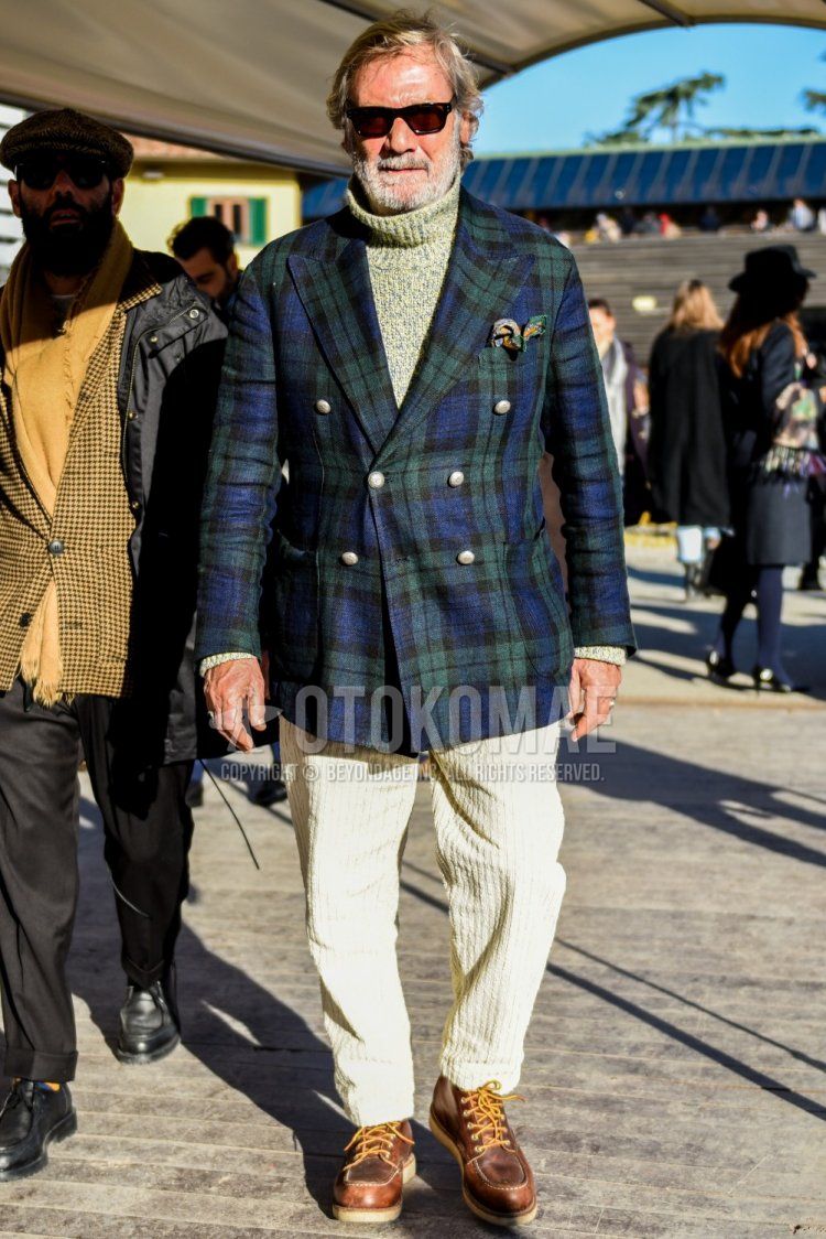 Men's spring/autumn coordinate/outfit with plain black Wellington sunglasses, olive green/navy check tailored jacket, plain gray turtleneck knit, plain white winter pants (corduroy, velour), and brown work boots.
