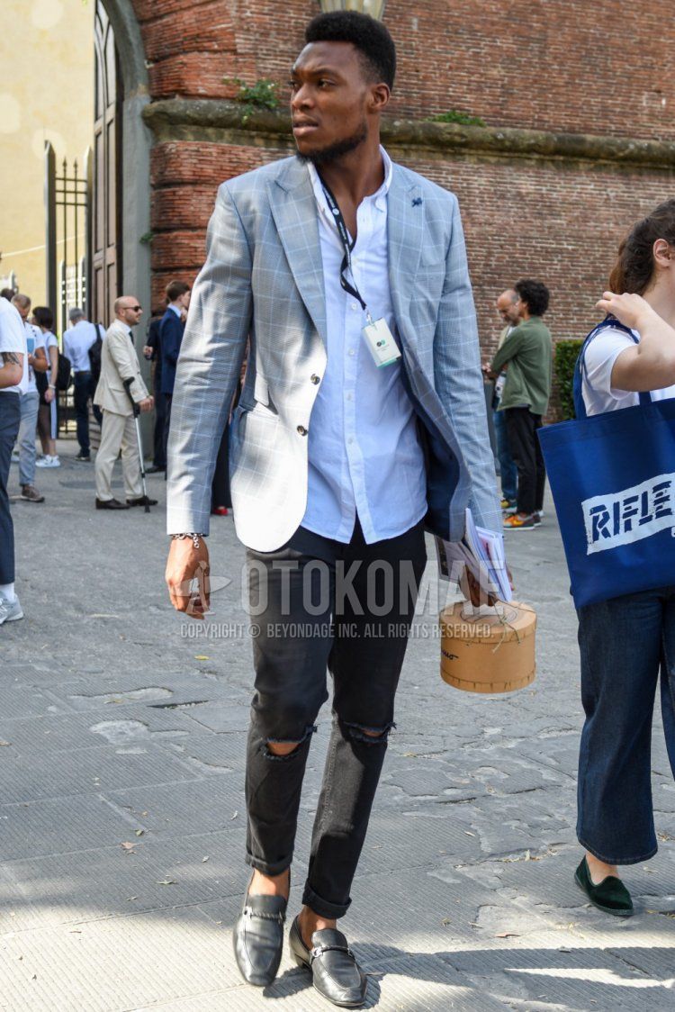 Men's spring/summer coordinate and outfit with gray checked tailored jacket, plain white shirt, plain black damaged jeans, and black bit loafer leather shoes.