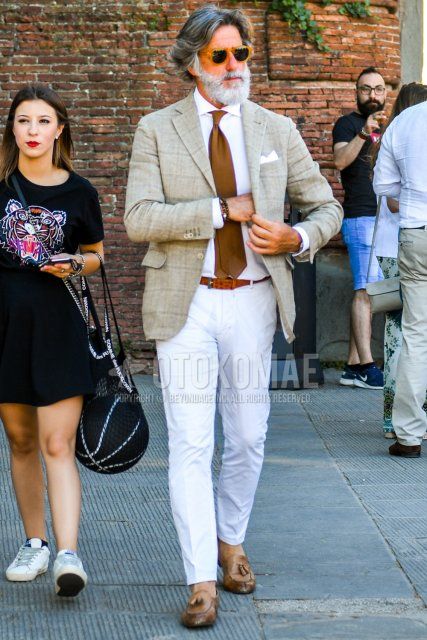 Men's spring and fall outfit with plain beige sunglasses, beige checked tailored jacket, plain white shirt, plain brown leather belt, plain white cotton pants, beige tassel loafer leather shoes, and plain brown tie.