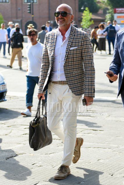 Men's spring/summer/fall outfit with plain black sunglasses, beige checked tailored jacket, plain white shirt, plain beige mesh belt, plain beige leather belt, plain white cotton pants, beige plain toe leather shoes, plain black briefcase/handbag Outfit.