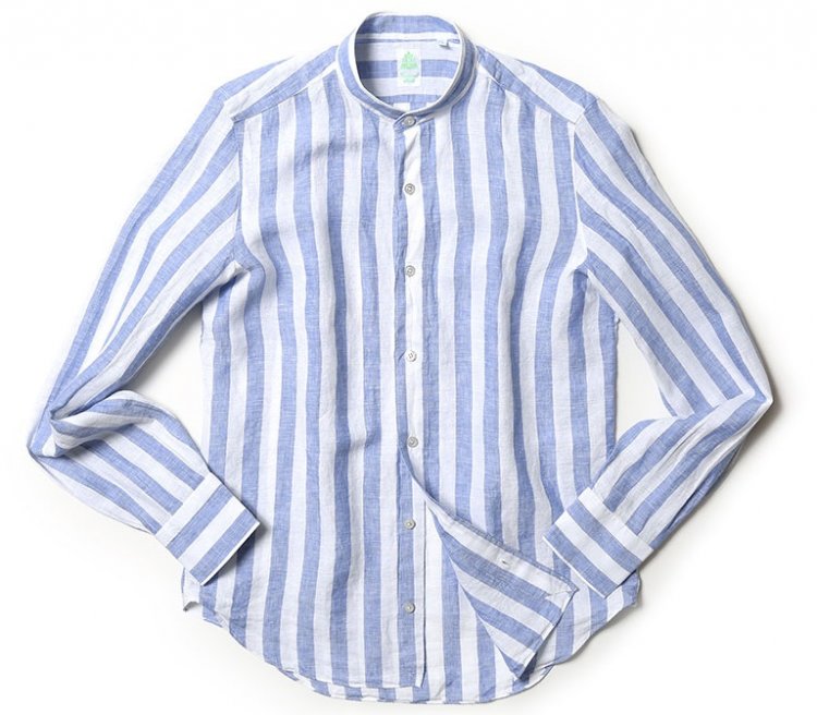 The "band collar shirt" is perfect for both a mature and casual look!