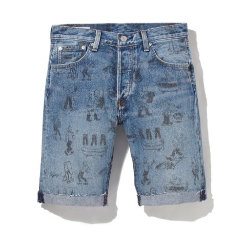 Denim collection with the artwork used to describe SHRINK-TO-FIT™ printed all over
