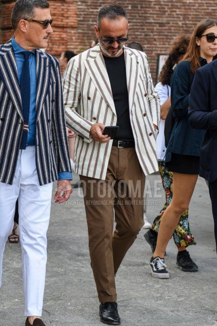 Men's spring/summer/fall outfit with plain black sunglasses, white striped tailored jacket, plain black t-shirt, plain black mesh belt, plain black leather belt, plain brown slacks, and black straight tip leather shoes.