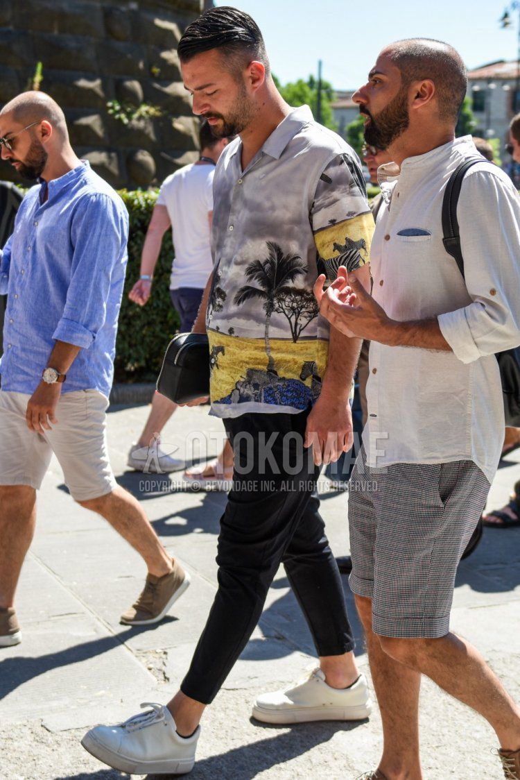 Men's summer coordinate and outfit with danilo paura gray top/inner shirt, dark gray solid color slacks, white low cut sneakers, black solid color clutch bag/second bag/drawstring.