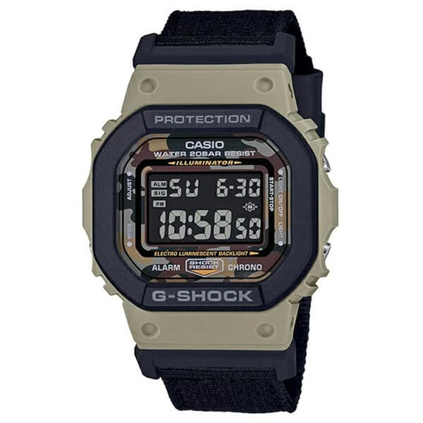 The G-SHOCK DW-5610SUS-5JR is a military-inspired combination of beige and camouflage patterns that looks like a tank going through the desert.