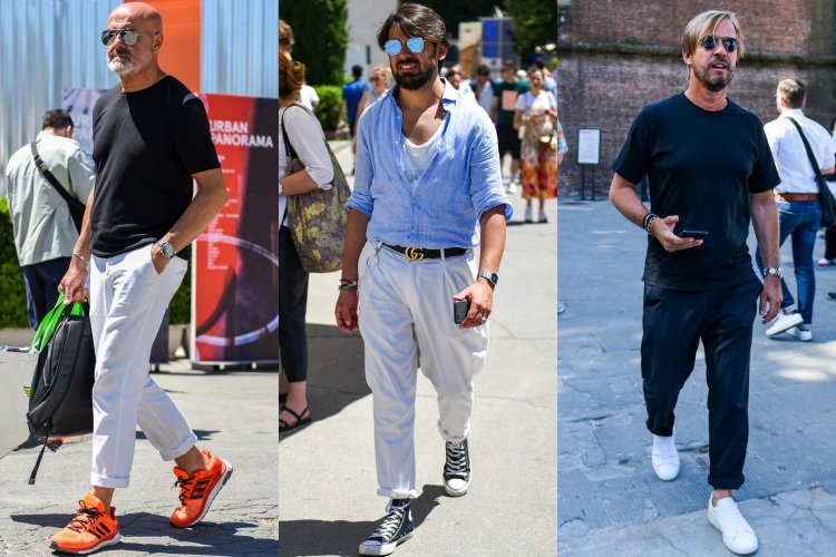 Tips to wear sneakers stylishly in the summer: 1) "Use accents on your feet as a gimmick to create a sense of haphazardness, playfulness, and sophistication.
