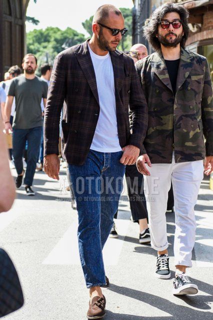 Men's spring/summer coordinate and outfit with plain black sunglasses, brown checked tailored jacket, plain white t-shirt, plain blue denim/jeans, and suede brown tassel loafer leather shoes.