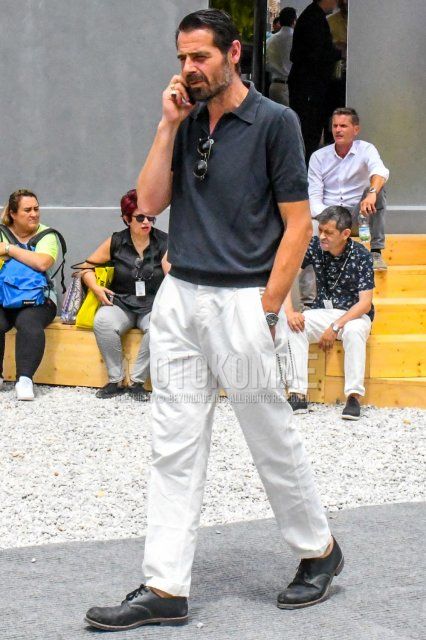 Men's spring and summer coordinate and outfit with plain sunglasses, plain gray polo shirt, plain white cotton pants, and black plain toe leather shoes.