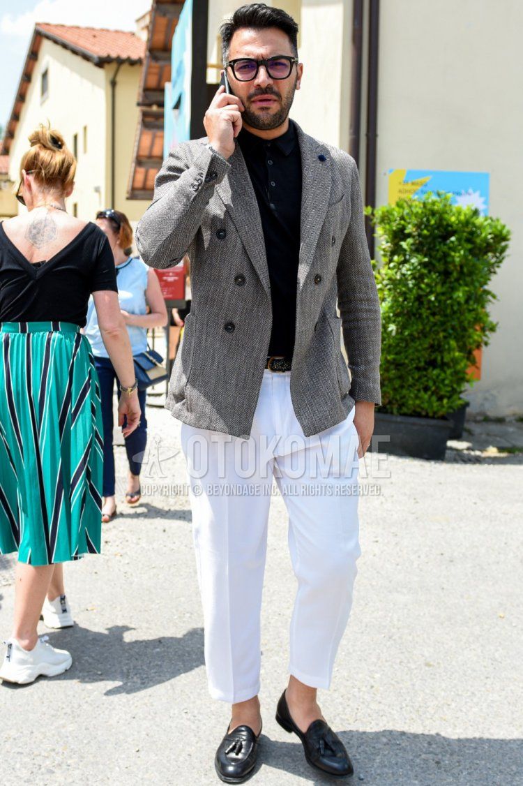 Men's spring, summer, and fall coordinate and outfit with plain black Tom Ford glasses, gray herringbone tailored jacket, plain black polo shirt, plain black leather belt, plain white cropped pants, plain white cotton pants, and black tassel loafer leather shoes.