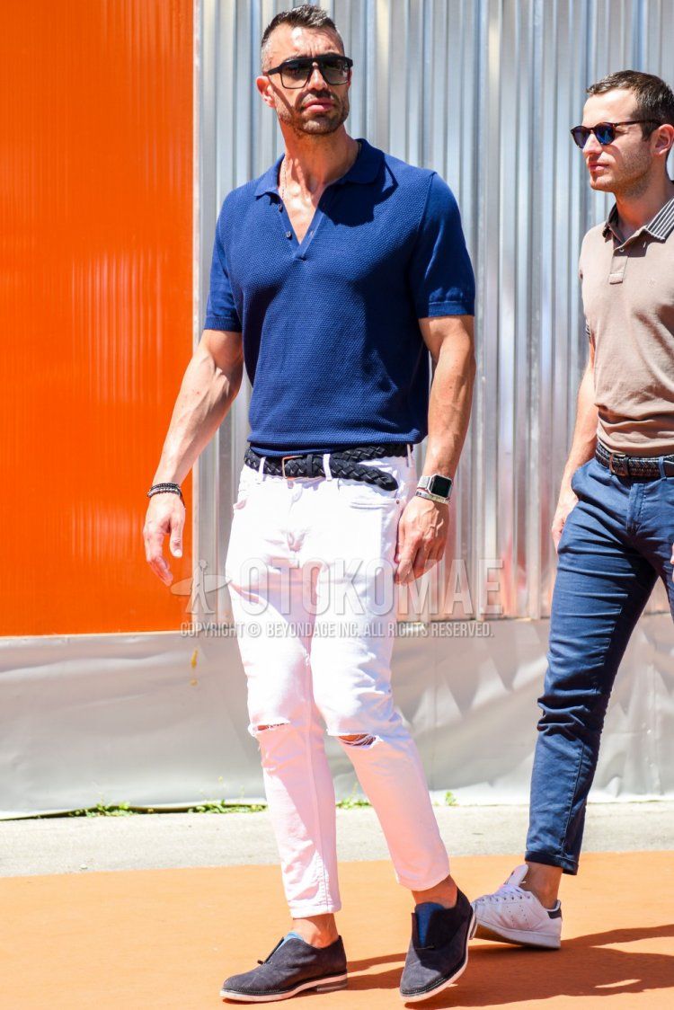 Men's spring and summer coordinate and outfit with square plain black sunglasses, knit plain navy polo shirt, plain navy mesh belt, plain navy leather belt, plain white damaged jeans, and suede gray plain toe leather shoes.