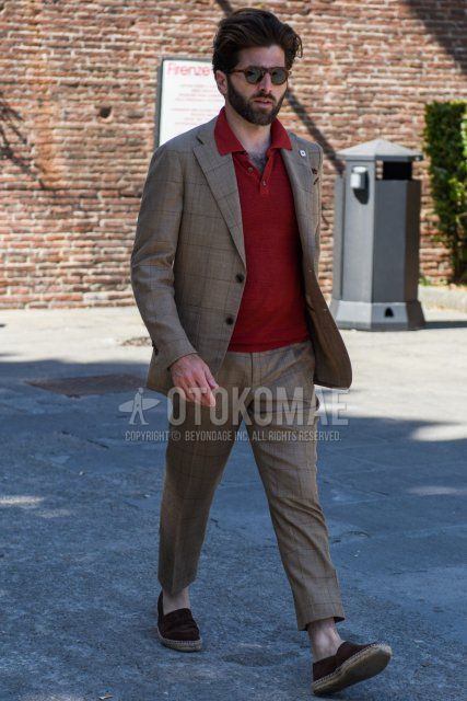 Men's spring, summer, and fall coordinate and outfit with brown tortoiseshell sunglasses in Boston, knit red solid polo shirt, brown solid espadrilles, and beige check suit.
