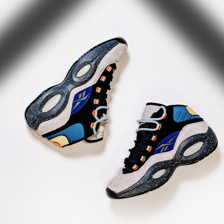 The "Reebok x NICE KICKS QUESTION MID MU" features Iverson's number "3" and the NICE KICKS logo, and the glow-in-the-dark detailing is reminiscent of fishing at night.