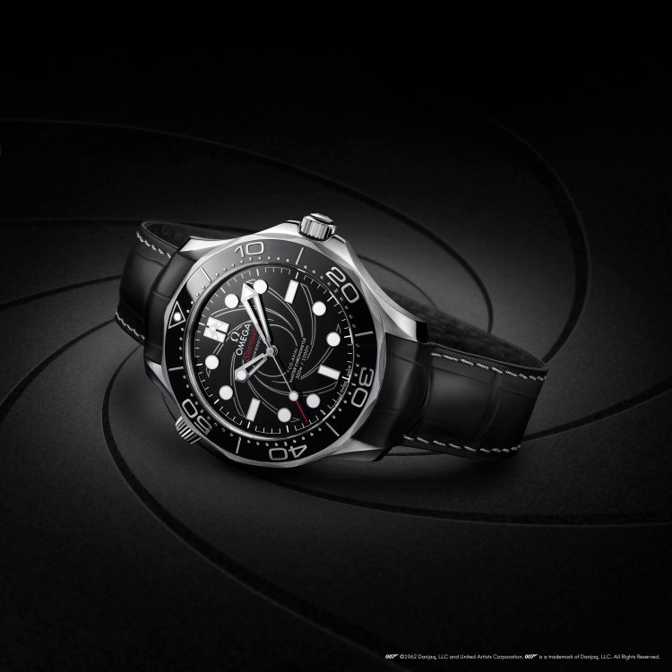 The "Seamaster Diver 300M James Bond Platinum Numbered Edition," featuring James Bond's unique design throughout.
